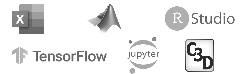 Excel, Matlab, R Studio, TensorFlow, Jupyter, C3D